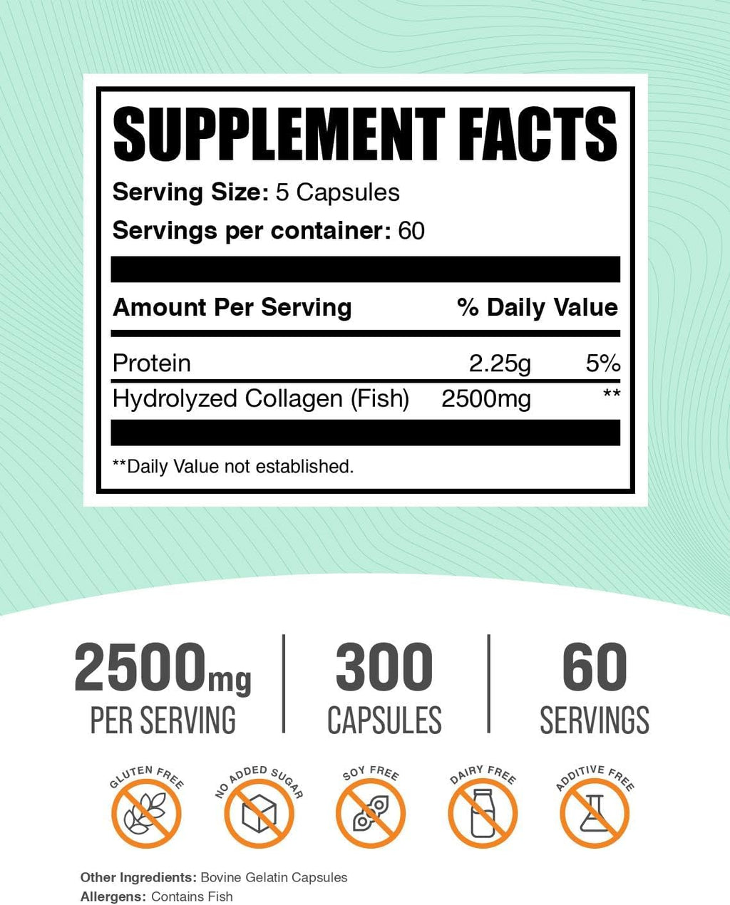 BulkSupplements.com Marine Collagen Capsules - Fish Collagen Supplement, Collagen for Women & Men - Hydrolyzed Collagen, Gluten Free, 5 Capsules per Serving, 300 Capsules (Pack of 1)