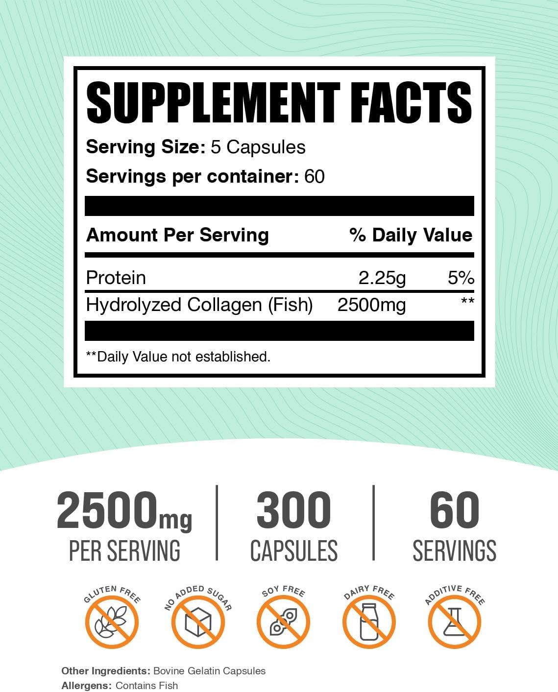 BulkSupplements.com Marine Collagen Capsules - Fish Collagen Supplement, Collagen for Women & Men - Hydrolyzed Collagen, Gluten Free, 5 Capsules per Serving, 300 Capsules (Pack of 1)