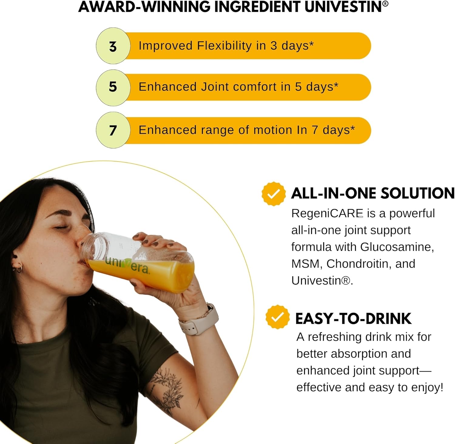 Univera RegeniCARE Gift Set with Bottle and Frother – Joint Support with Glucosamine, Univestin, MSM, Chondroitin – 30 Servings, Mango Flavor
