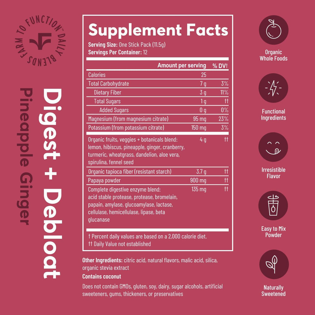 Debloating and Daily Digestion Drink Mix – Anti-Bloating and Gut Health Supplement with Digestive Enzymes, Prebiotics, and Organic Superfoods – Detox and Debloat - Pineapple Ginger Flavor