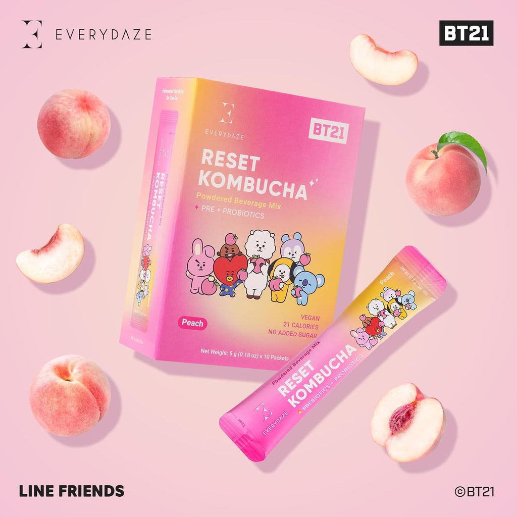 Everydaze BT21 Reset Kombucha Tea Powdered Beverage Mix | 10 Sticks | Prebiotics + Probiotics | Vegan | No Added Sugar, Gluten Free, Sparkling Powder Drink Pack (Peach)