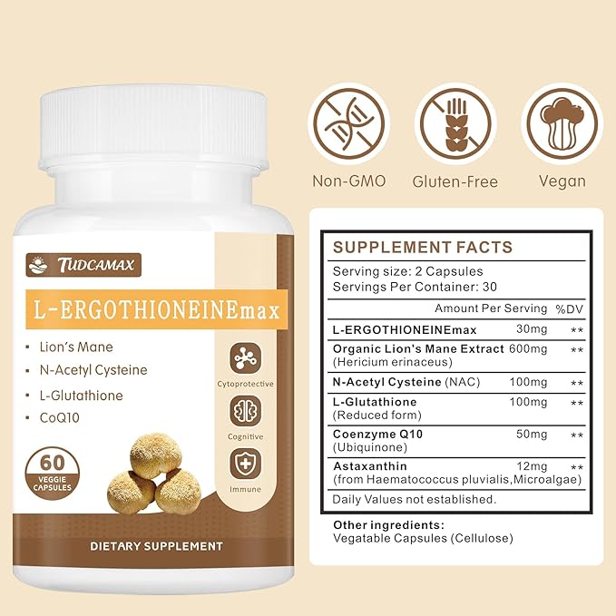 L-Ergothioneine (EGT) 30mg Supplement with Lion's Mane, NAC & Glutathione - Antioxidant for Cell Health, Cognitive & Immune Support, Healthy Aging - Non-GMO, Gluten Free, 120 Capsules (60 Servings)