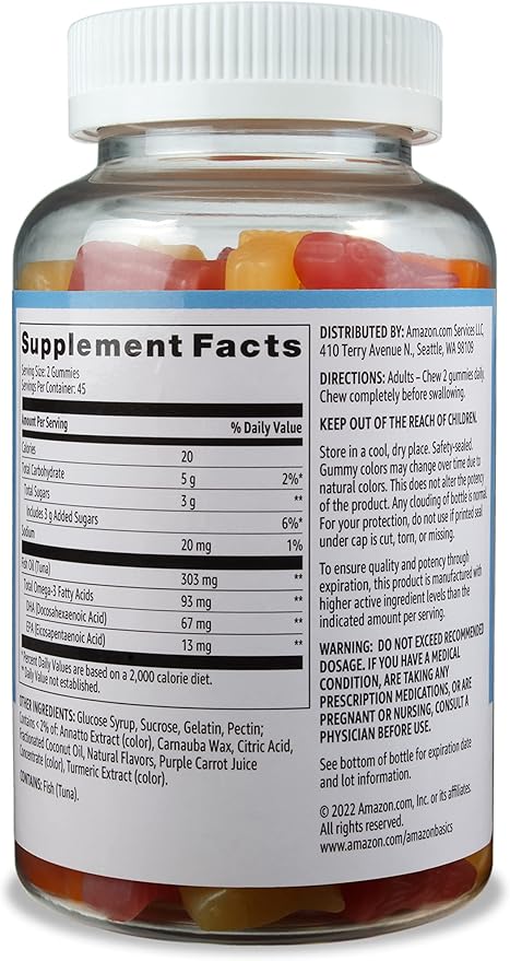 Amazon Basics Fish Oil 303 mg, Lemon, Orange & Strawberry-Banana flavors, 90 Gummies (2 per Serving), EPA and DHA Omega-3 fatty acids (Previously Solimo)