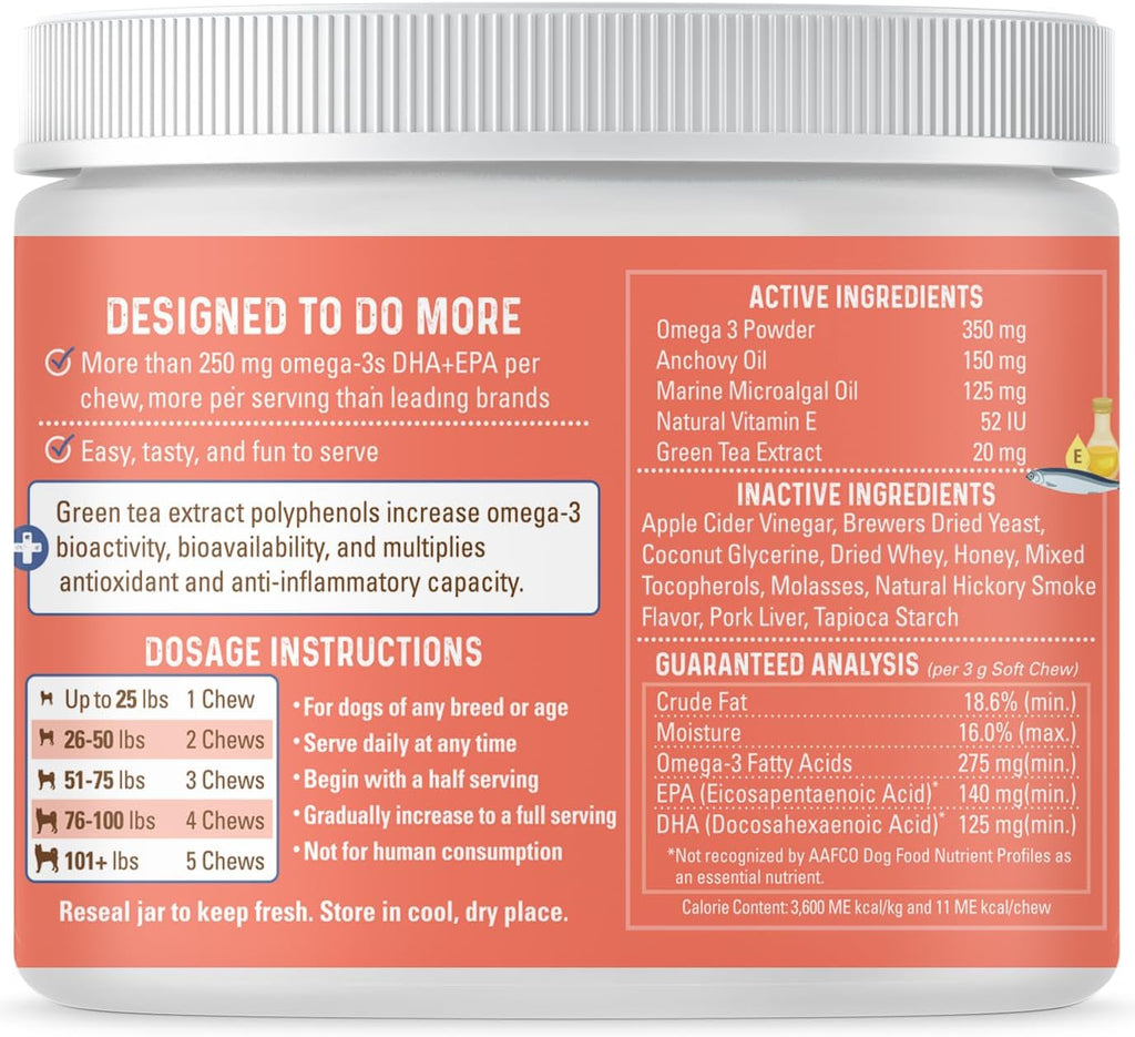 Bernie’s OMG! Omegas Chews for Dogs - 5X Extra Strength DHA+EPA, Fish Oil, Healthy Skin & Coat, Allergy Relief, Joint Supplement (Pork Flavor)
