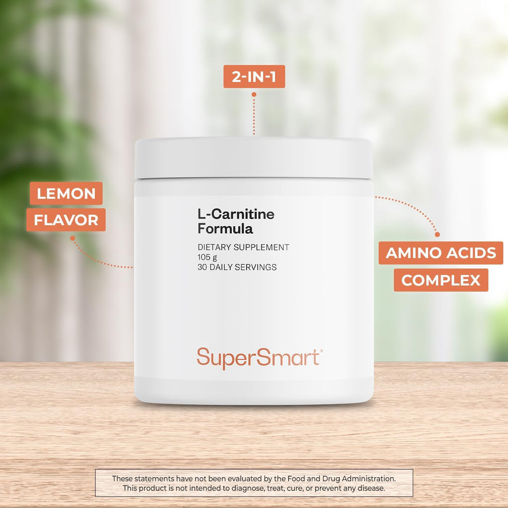 Supersmart - L-Carnitine Formula (Natural Lemon Flavor) - 2-in-1 with Acetyl L-Carnitine & L-Carnitine Tartrate Powder - Amino Acids Complex Supplement | Non-GMO & Gluten Free - 105 g