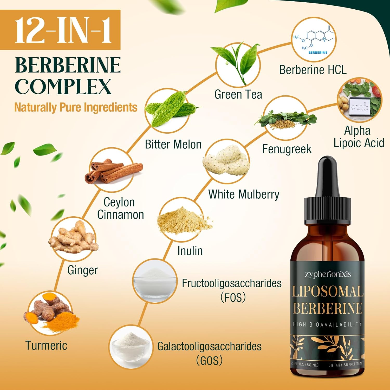 Liposomal Berberine HCL Supplement Liquid 3000mg - High Absorption Berberine Drops with Ceylon Cinnamon - 12-in-1 Formula AMPK Activator, Sugar Free - 4 fl oz