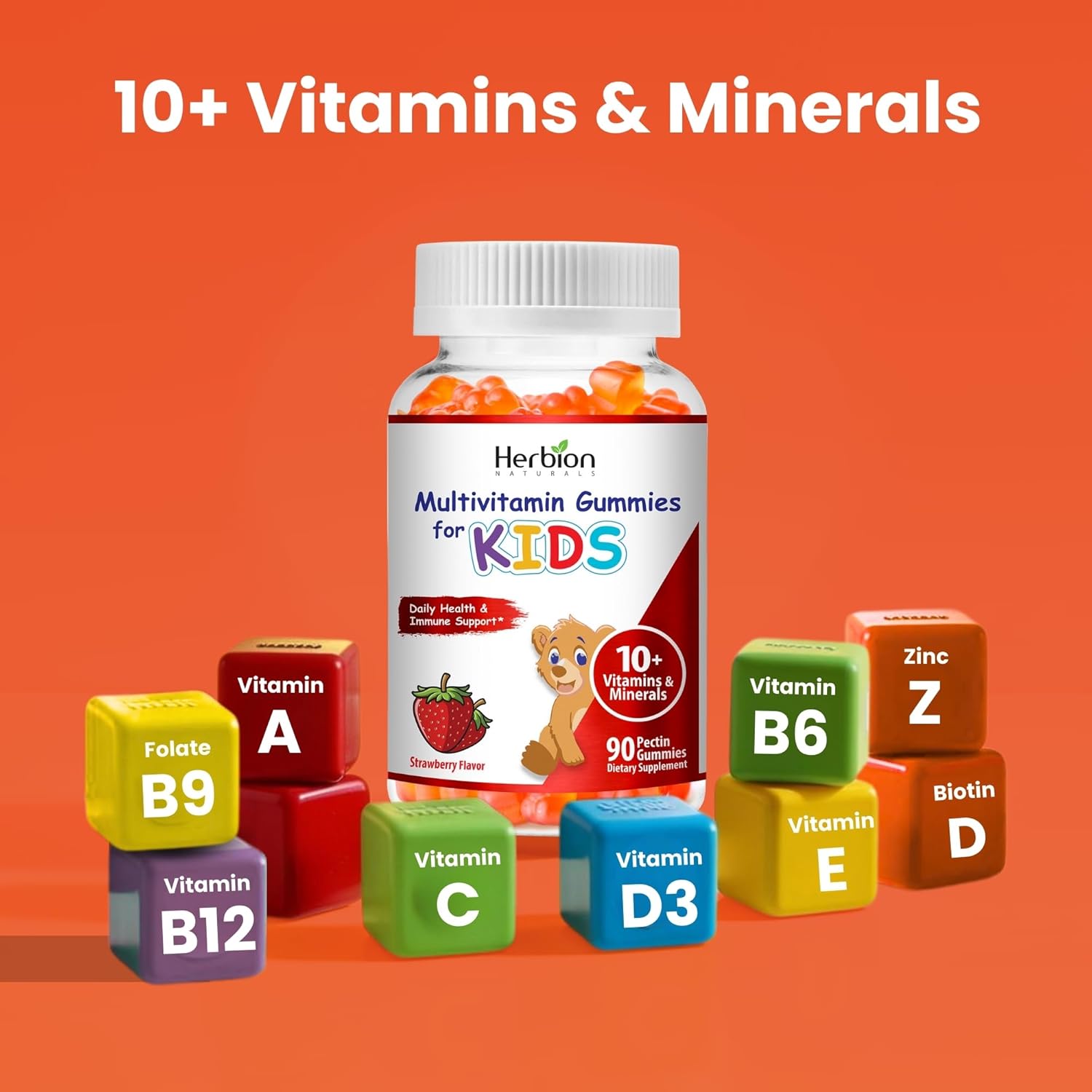 HERBION Naturals Multivitamin Gummies for Kids | Immune Support with Vitamin C, D3, B12, A, E & Zinc | Strawberry Flavor | Gluten Free, Vegan, Chewable Gummy Vitamins | 90 Ct | Pack of 24