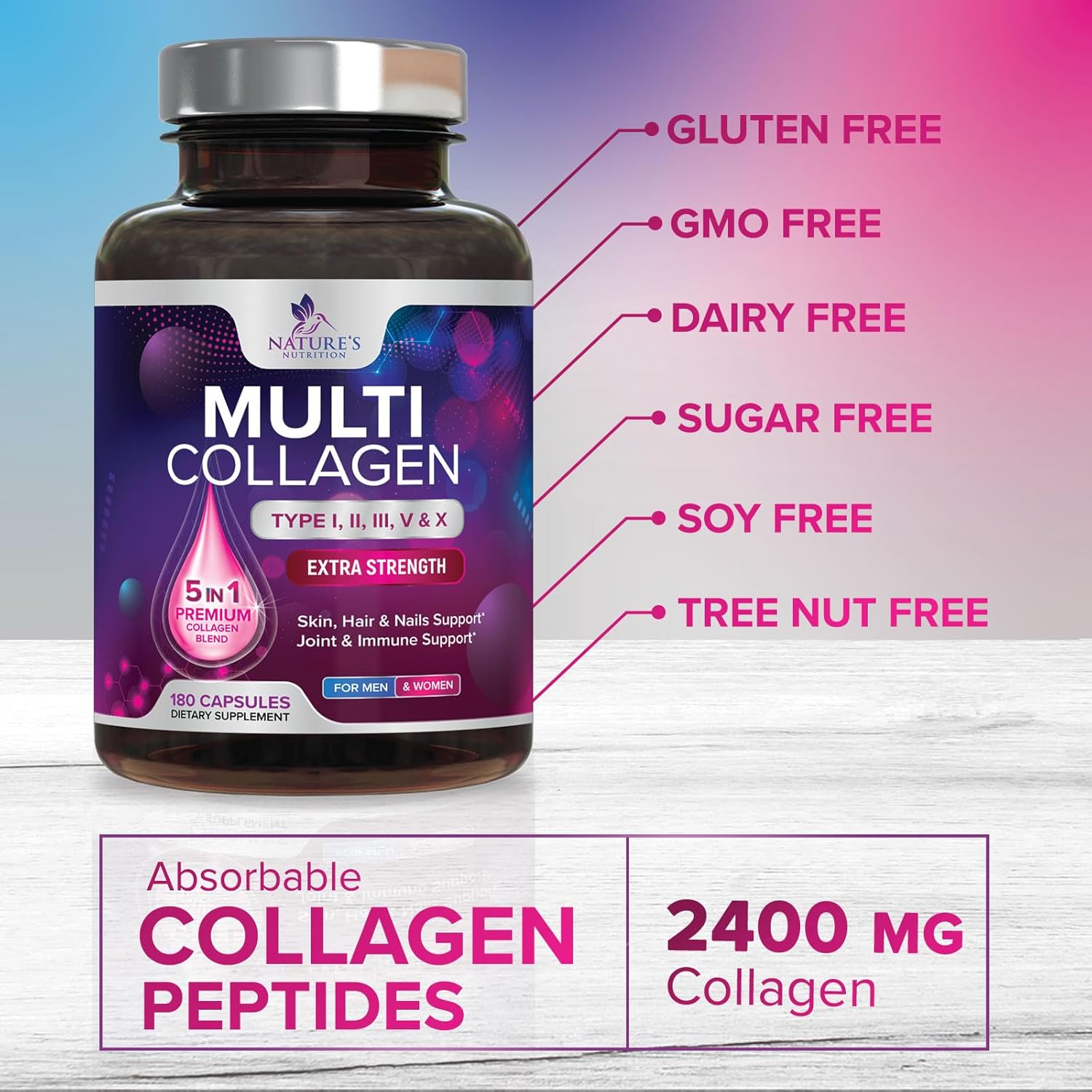 Multi Collagen Supplement 2400 mg - Types I, II, III, V & X Multi Collagen Peptides Pills for Women & Men, Hydrolyzed Collagen Supplements, Hair, Skin, Nail, & Joint Support Supplement - 180 Capsules