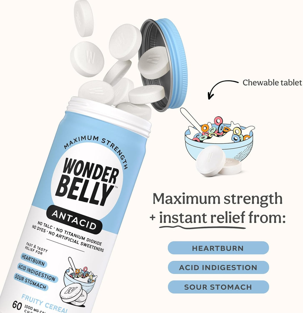 Wonderbelly Antacid, Effective Heartburn and Instant Acid Indigestion Relief, Extra Strength Chewable Tablets, 1000 mg Calcium Carbonate, No Talc or Dye, Fruity Cereal, 60 Count
