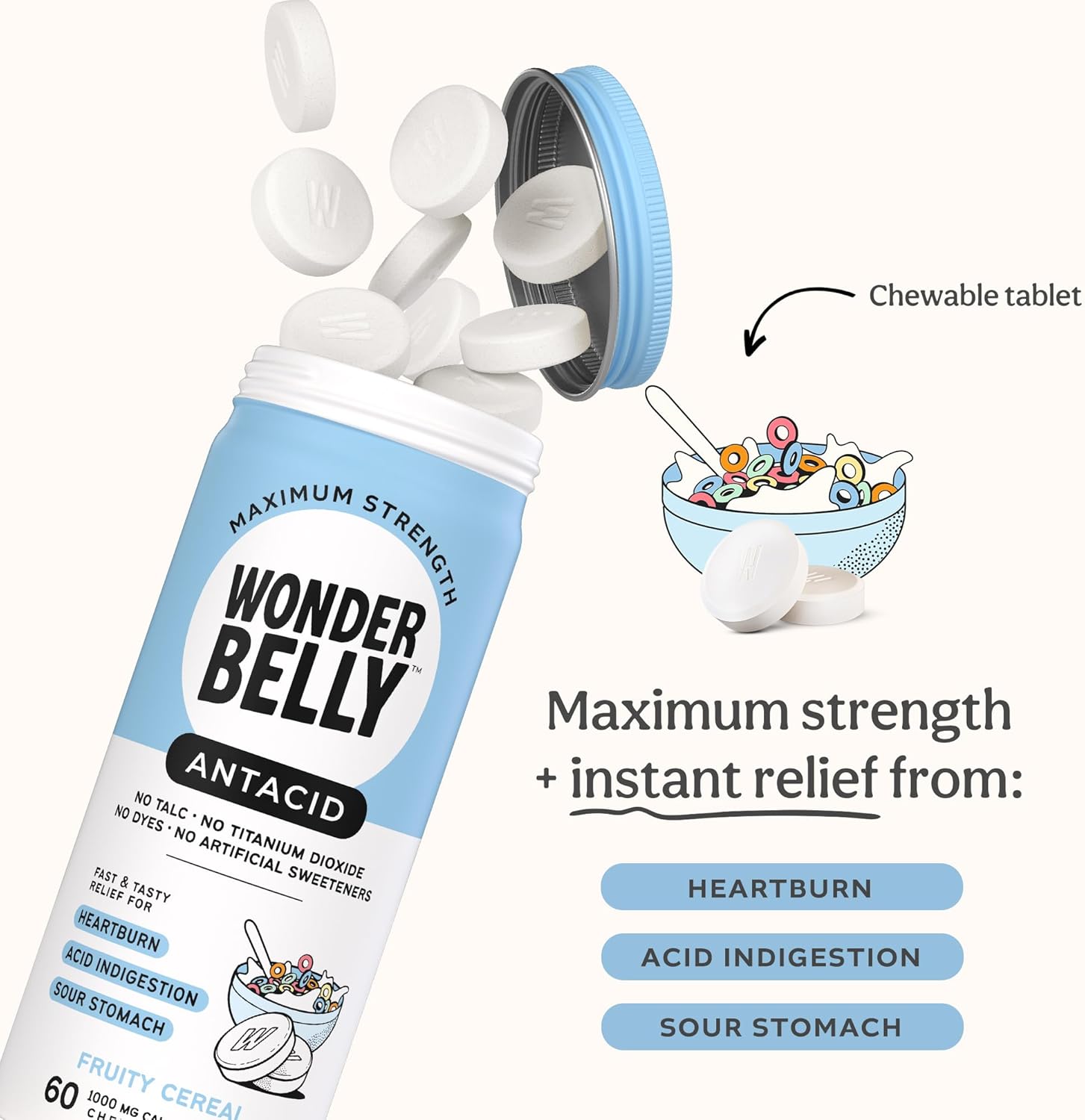 Wonderbelly Antacid, Effective Heartburn and Instant Acid Indigestion Relief, Extra Strength Chewable Tablets, 1000 mg Calcium Carbonate, No Talc or Dye, Fruity Cereal, 60 Count