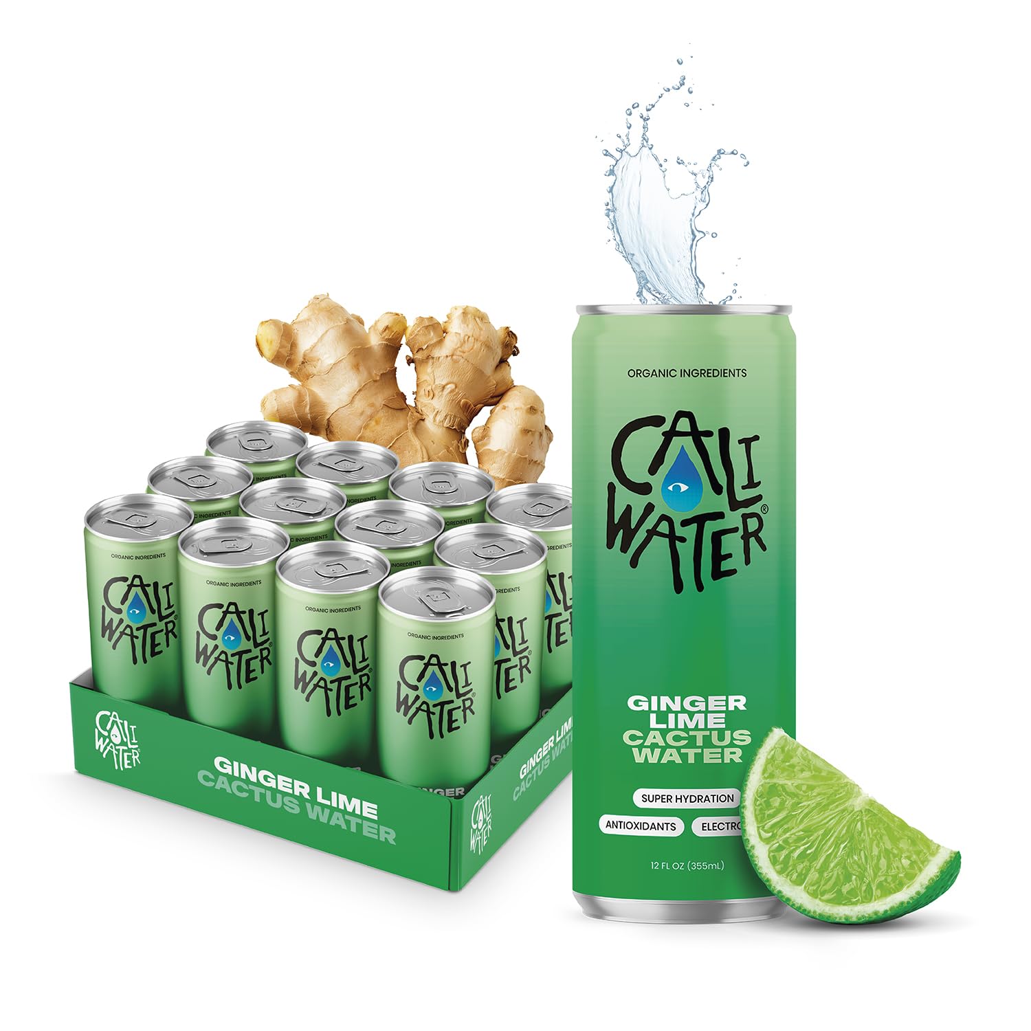 Caliwater - Organic Cactus Water - Ginger and Lime - 5g Sugar, 25 Calories - Coconut Water Alternative - Natural Plant Based Hydration - Skin Care, Electrolyte Drinks - Flavored Water - 12 Cans