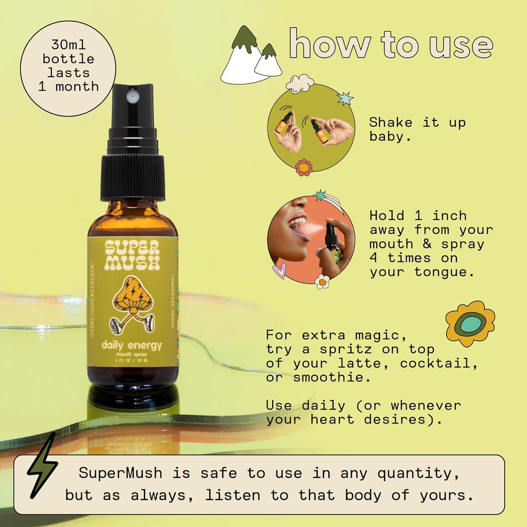 Daily Energy Mouth Spray - Mushroom Supplement - Lions Mane & Cordyceps Mixed Mushrooms Extract Pure Liquid Sprays for Focus, Stamina & Clarity - 30ml Organic Lions Mane Fungi Spray