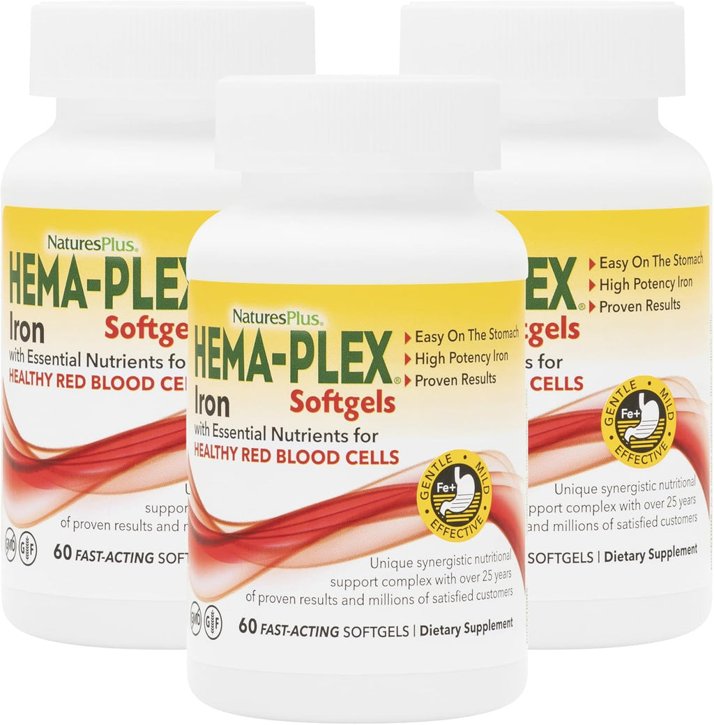 NaturesPlus Hema-Plex Iron - 60 Fast-Acting Softgels - 3 Pack - 85 mg Iron + Vitamin C & Bioflavonoids for Healthy Red Blood Cells - Gluten Free - 60 Total Servings