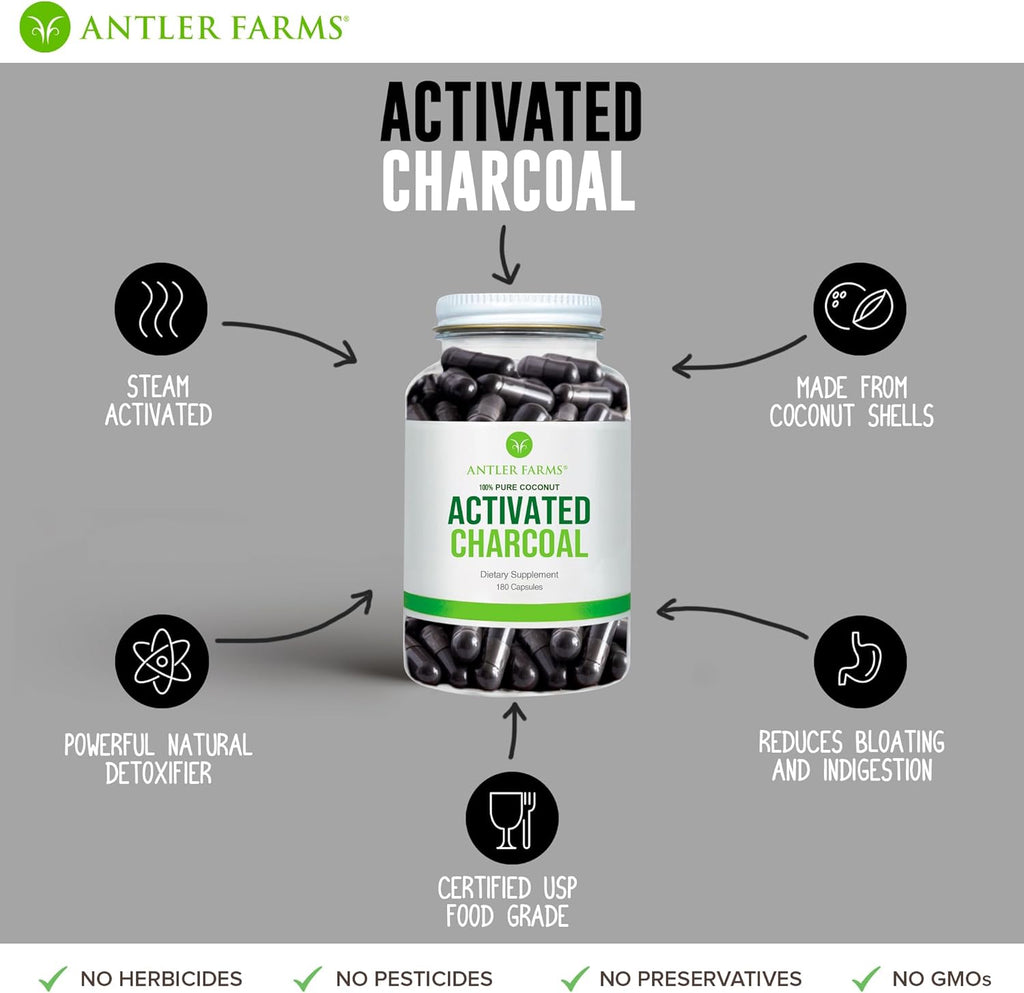 Antler Farms - 100% Pure Coconut Activated Charcoal, 180 Capsules 260mg - Wild Harvested, Virgin Coconut Shell, USP Food Grade, Steam Activated, Ultra Fine