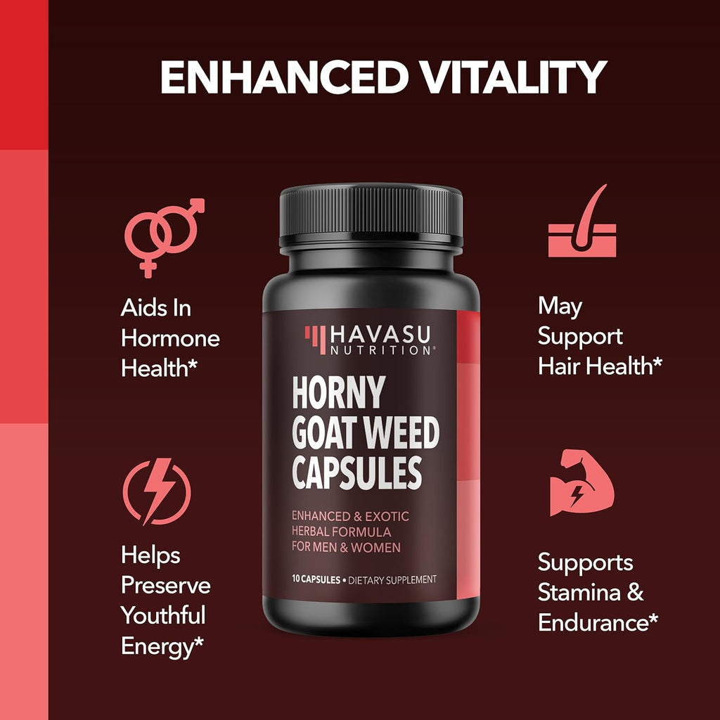Unisex Horny Goat Weed Capsules for Men & Women - Extra Strength Performance & Energy Support with Tongkat Ali, Muira Puama, and Saw Palmetto - 10 Count - Herbal Supplement for Increased Endurance