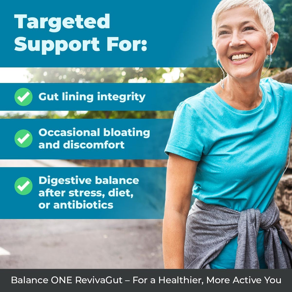 Balance ONE RevivaGut – Gut Lining & Digestive Support Powder – L-Glutamine, Zinc Carnosine, DGL Licorice, Slippery Elm – Leaky Gut Support, Bloating Relief – Non-GMO, 30 Servings