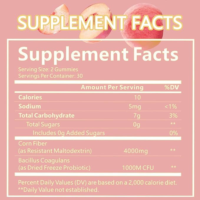 Clean Prebiotic Fiber Gummies for Men, Peach Flavor，Pre+Probiotic Fiber Gummies，Men's Digestive Cleaning Support Gummy,Men Prebiotic Supplement for Digestive Gut Health，60 Gummy