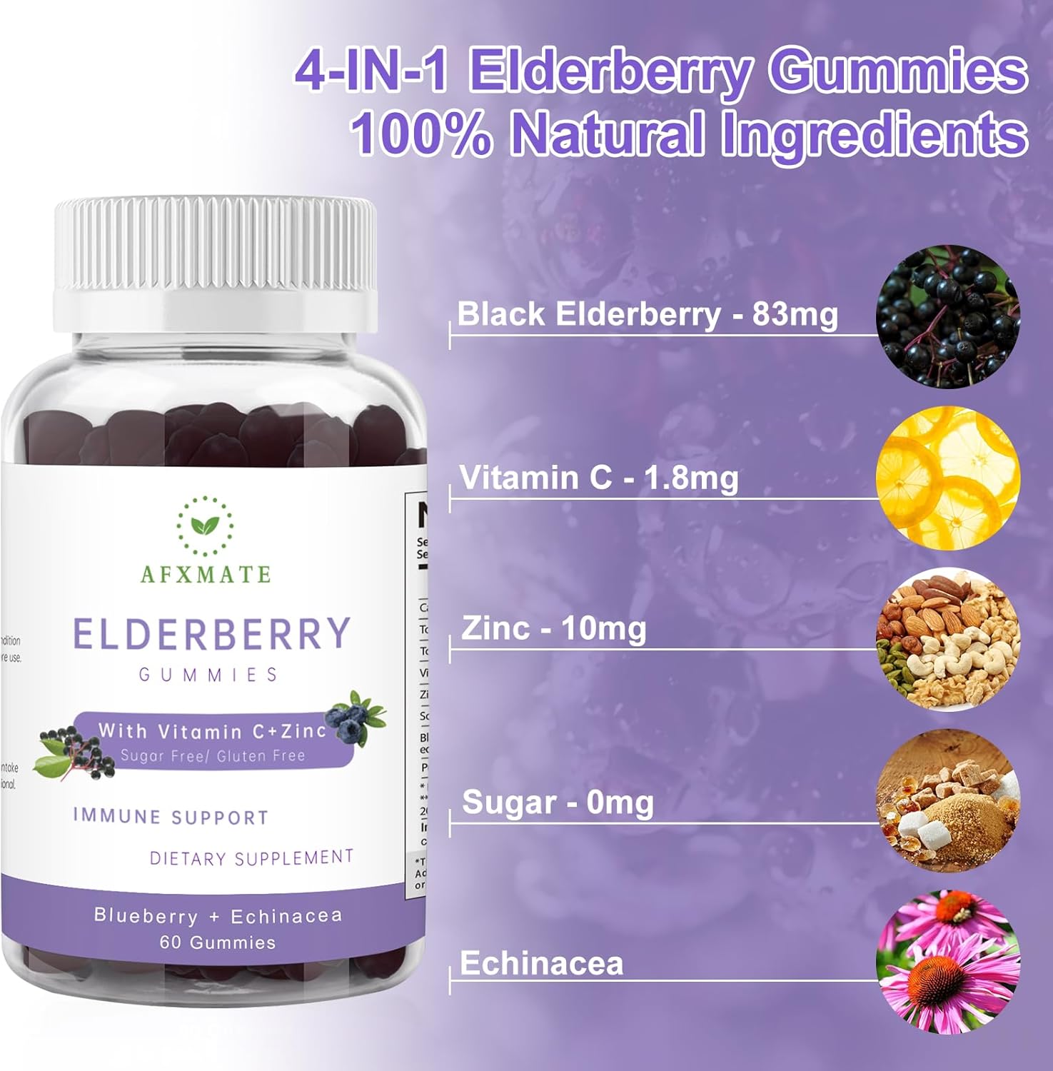 Sambucus Elderberry Gummies, Black Elderberry Gummy with Zinc and Vitamin C for Adults, Sugar Free Kids Multivitamin Gummies Immune Support* Supplement (2 Pack)