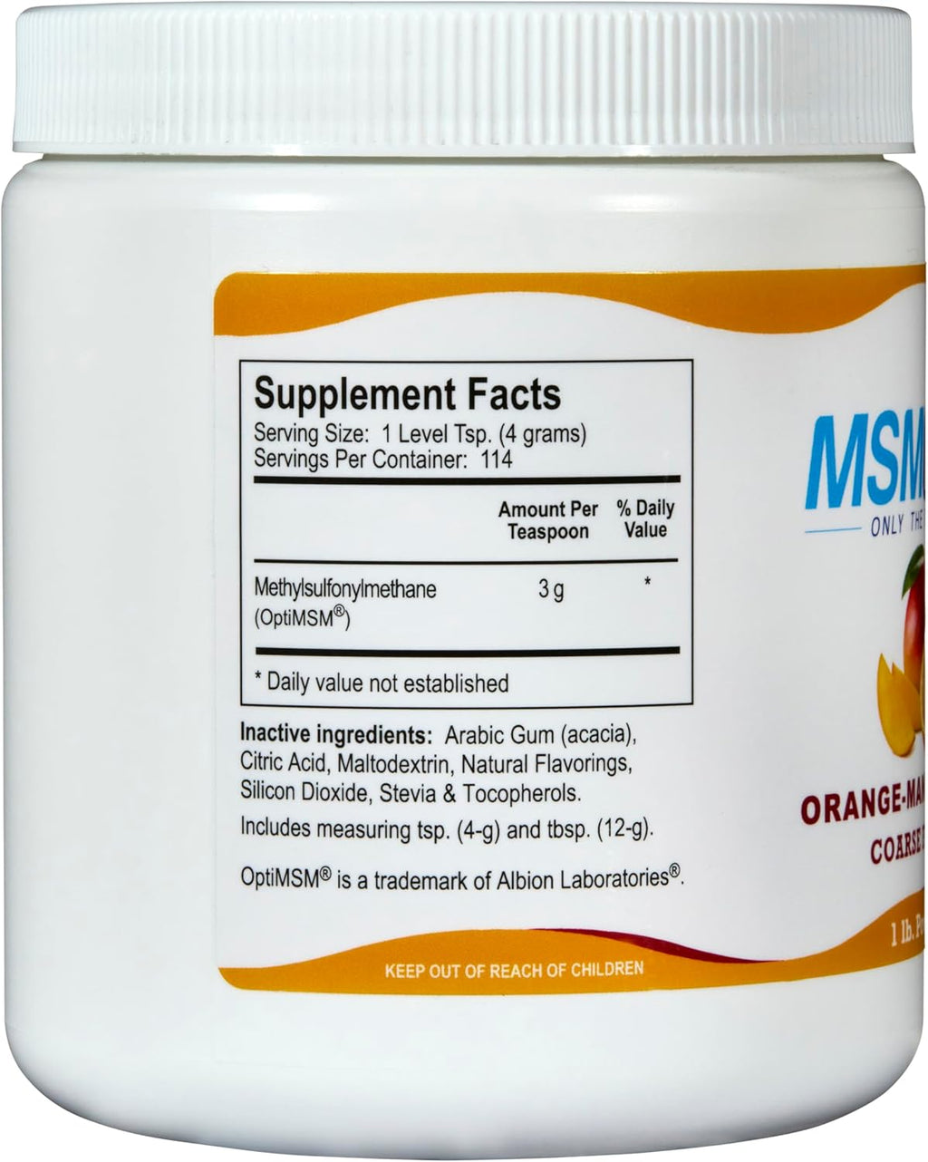 KALA HEALTH MSMPure Orange Mango Flavored Coarse MSM Powder Flakes – US-Made MSM for Joint Health, Skin Appearance, and Hair & Nail Support – 1 lb, Organic Sulfur