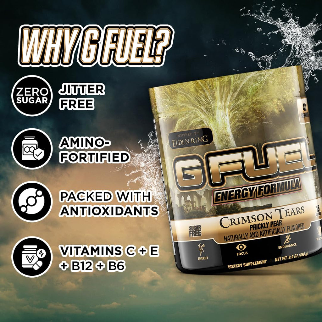 G Fuel Elden Ring Crimson Tears Energy Drink Powder, Pre Workout Caffeine Mix for Gaming, Sugar Free Focus Amino, Vitamin + Antioxidants, 9.9oz (Prickly Pear, 40 Servings)