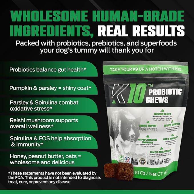 K10 Probiotic Chews for Dogs (60ct) – Advanced Digestive Support with Probiotics, Prebiotics & Superfoods – Vet-Preferred Dog Supplement for Digestion, Immunity, Skin, Coat & Everyday Vitality