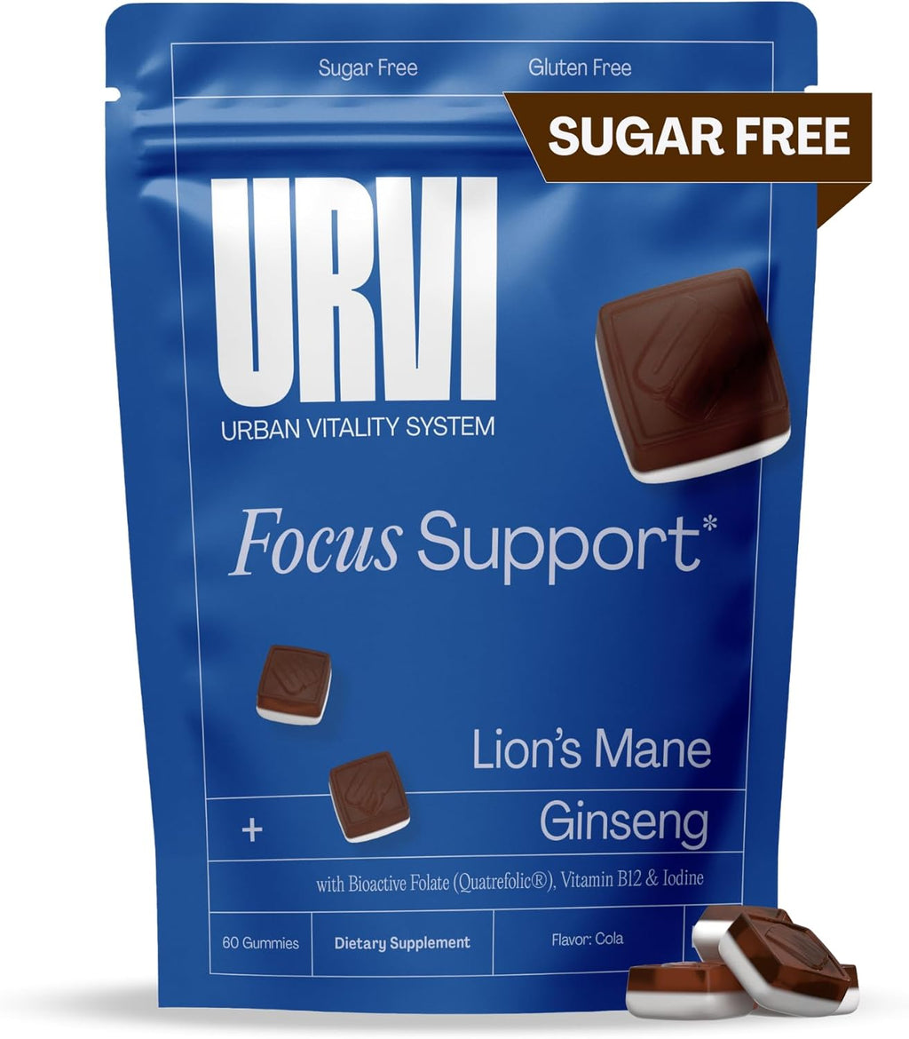 URVI® Focus Gummies – Lion's Mane Mushroom, Ginseng, Folate (Quatrefolic®), Vitamin B12 & Iodine – Nootropic Brain Supplement Boosts Memory, Focus & Energy – Sugar-Free – Cola Flavor – 60 Gummies