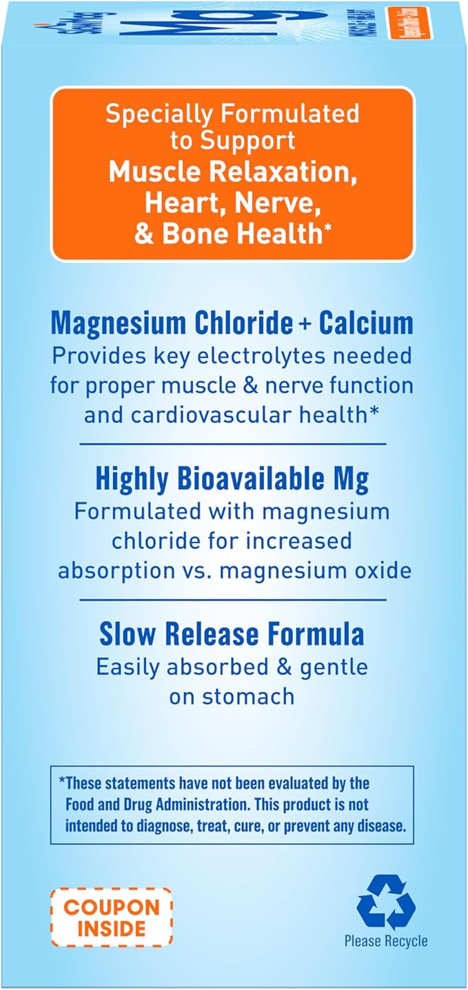 SlowMag Muscle & Heart Magnesium Chloride Supplement with Calcium, 120 Count, Supports Muscle Relaxation, Heart, Nerve & Bone Health, High Absorption
