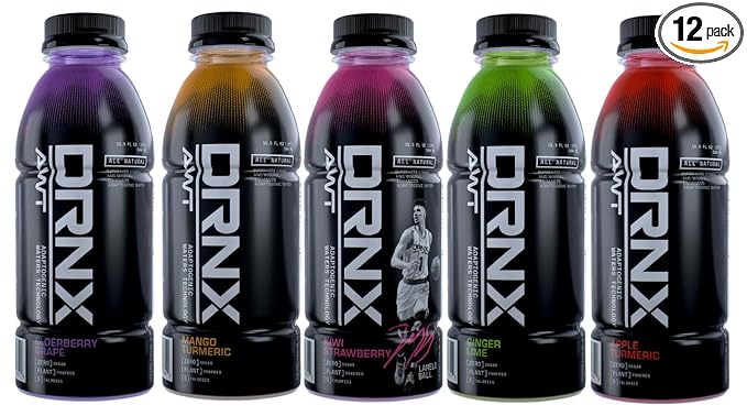 DRNX Water 12 Pack Variety Pack - Zero Sugar - 5 Calories - Super Herbs - Vitamins, Electrolytes, Antioxidants, Keto Friendly, All Natural (Variety Pack) Kiwi Strawberry, Apple Turmeric, Mango Turmeric, Elderberry Grape
