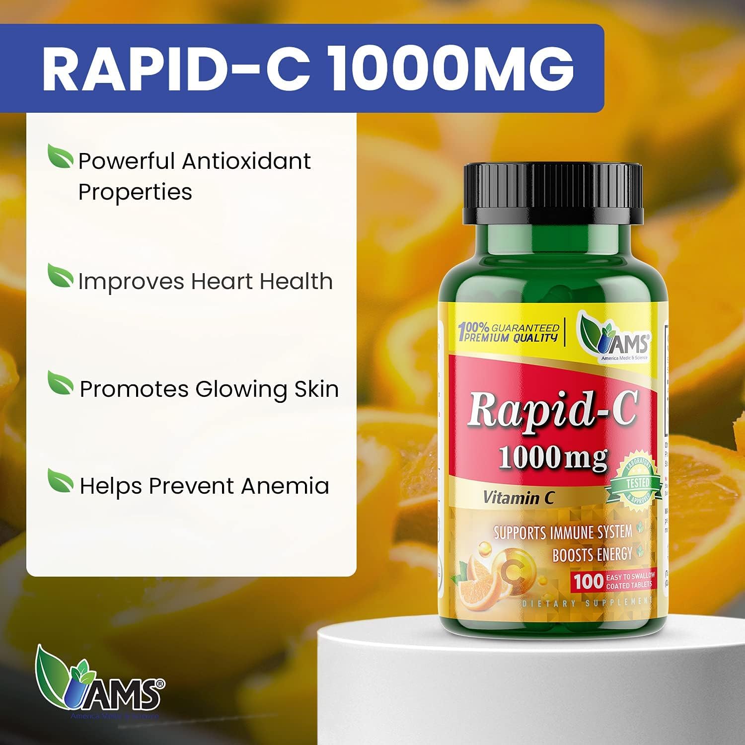America Medic & Science Rapid-C 1000mg Vitamin C Supplement (5 Pack of 100 Tablets) Energy Booster, Daily Immune System Support, Antioxidant | Vegan, Non-GMO Coated Ascorbic Acid for Adult Men & Women