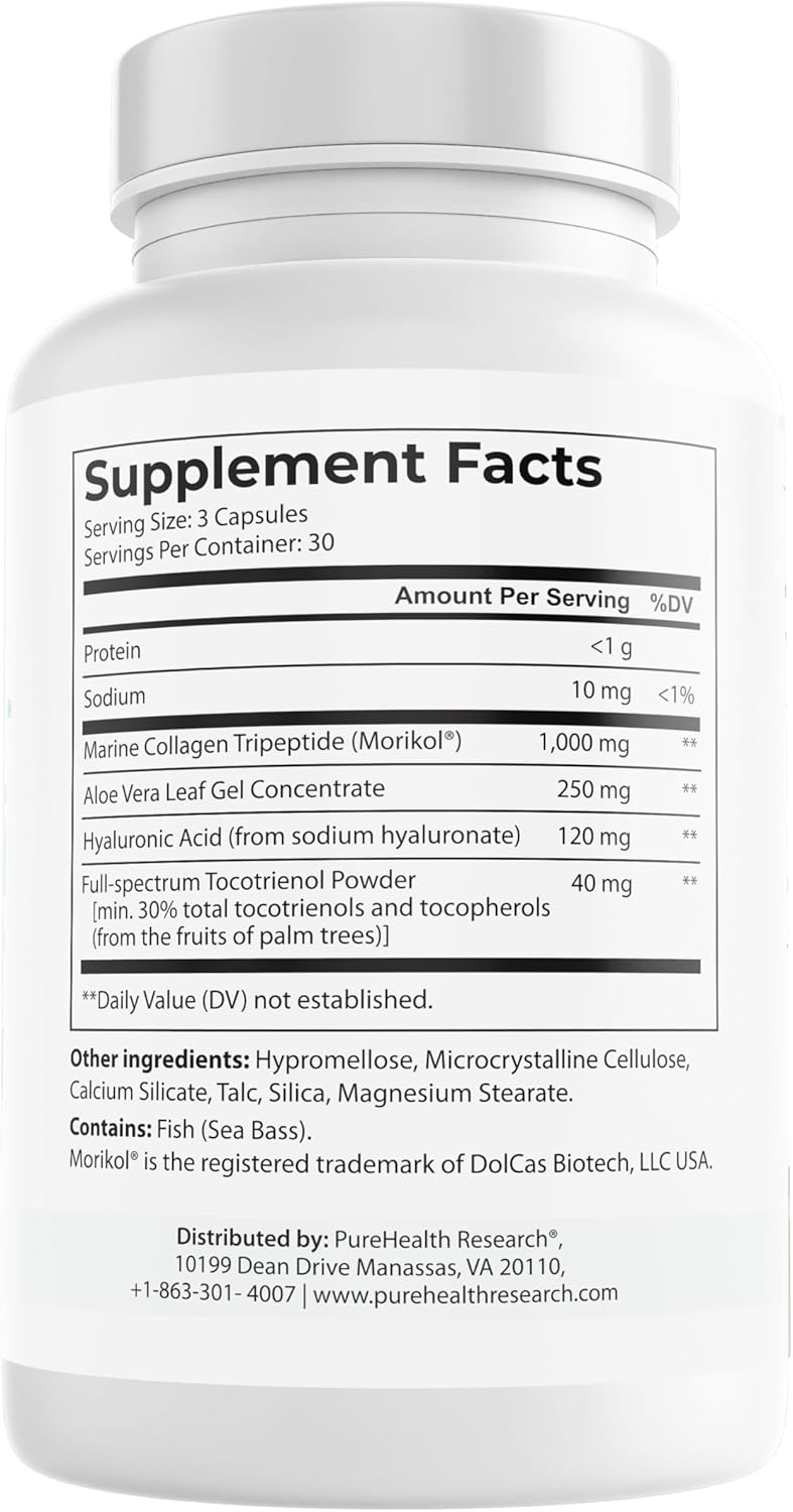 PUREHEALTH RESEARCH Marine Collagen Supplement - with Hyaluronic Acid, Aloe Vera Leaf Extract, Morikol Marine Collagen Tripeptides & Vitamin E - 90 Capsules