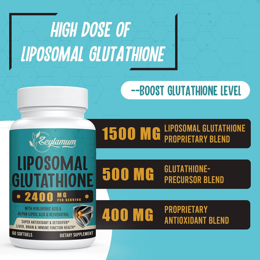 2400 MG Liposomal Glutathione Softgels, Max Absorption, Active Form L-Glutathione Reduced (GSH), with Hyaluronic Acid, Resveratrol, Master Antioxidants for Detox, Brain, Immune System, 600 Softgels