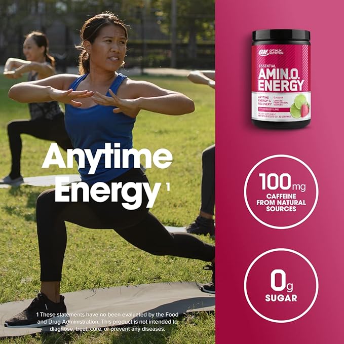 Optimum Nutrition Amino Energy Powder – Energy & Focus Pre Workout with Amino Acids, BCAA, Green Tea Caffeine & Coffee, Muscle Recovery Support – Strawberry Lime, 30 Servings (Packaging May Vary)