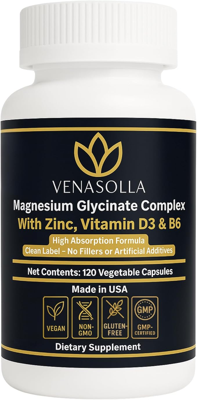 Magnesium Glycinate Complex 4-in-1 - Chelated Magnesium Bisglycinate (150 mg Elemental) with Zinc Picolinate, Vitamin D3 & B6-120 Vegan Capsules, Non-GMO - Men & Women