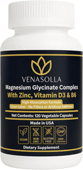 Magnesium Glycinate Complex 4-in-1 - Chelated Magnesium Bisglycinate (150 mg Elemental) with Zinc Picolinate, Vitamin D3 & B6-120 Vegan Capsules, Non-GMO - Men & Women