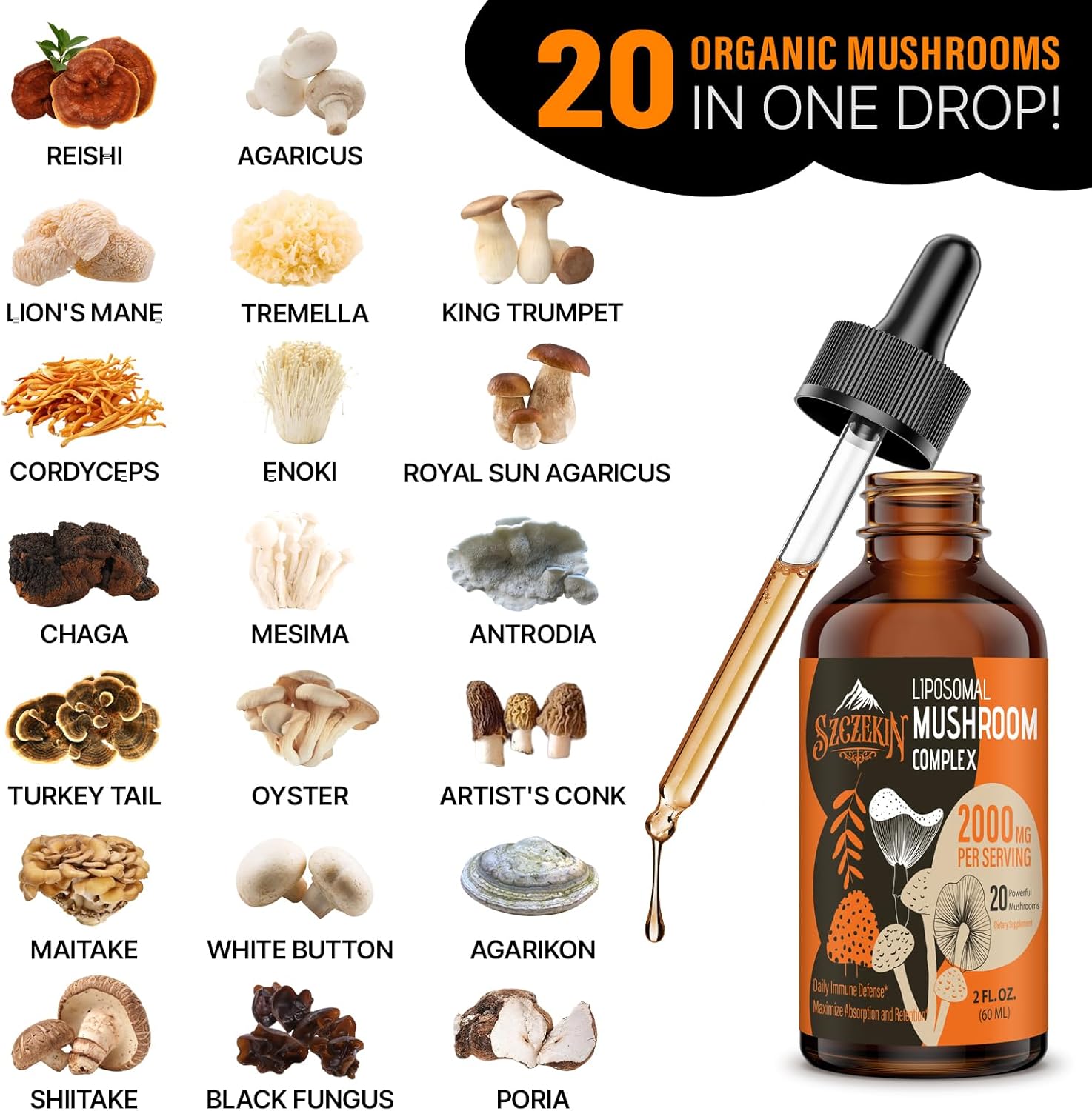 Liposomal Mushroom Complex Drops 2000 MG - 20 Organic Mushroom Extracts - Advanced Liquid Formula for Immunity, Cognitive and Memory - Lions Mane Supplement, Reishi, Cordyceps, Chaga, 30 Servings