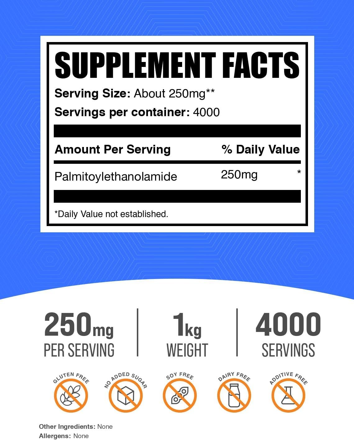 BulkSupplements.com Palmitoylethanolamide Powder - Pea Supplement, Palmitoylethanolamide 250mg - Immmune Support, Gluten Free, 250mg per Serving, 1kg (2.2 lbs) (Pack of 1)