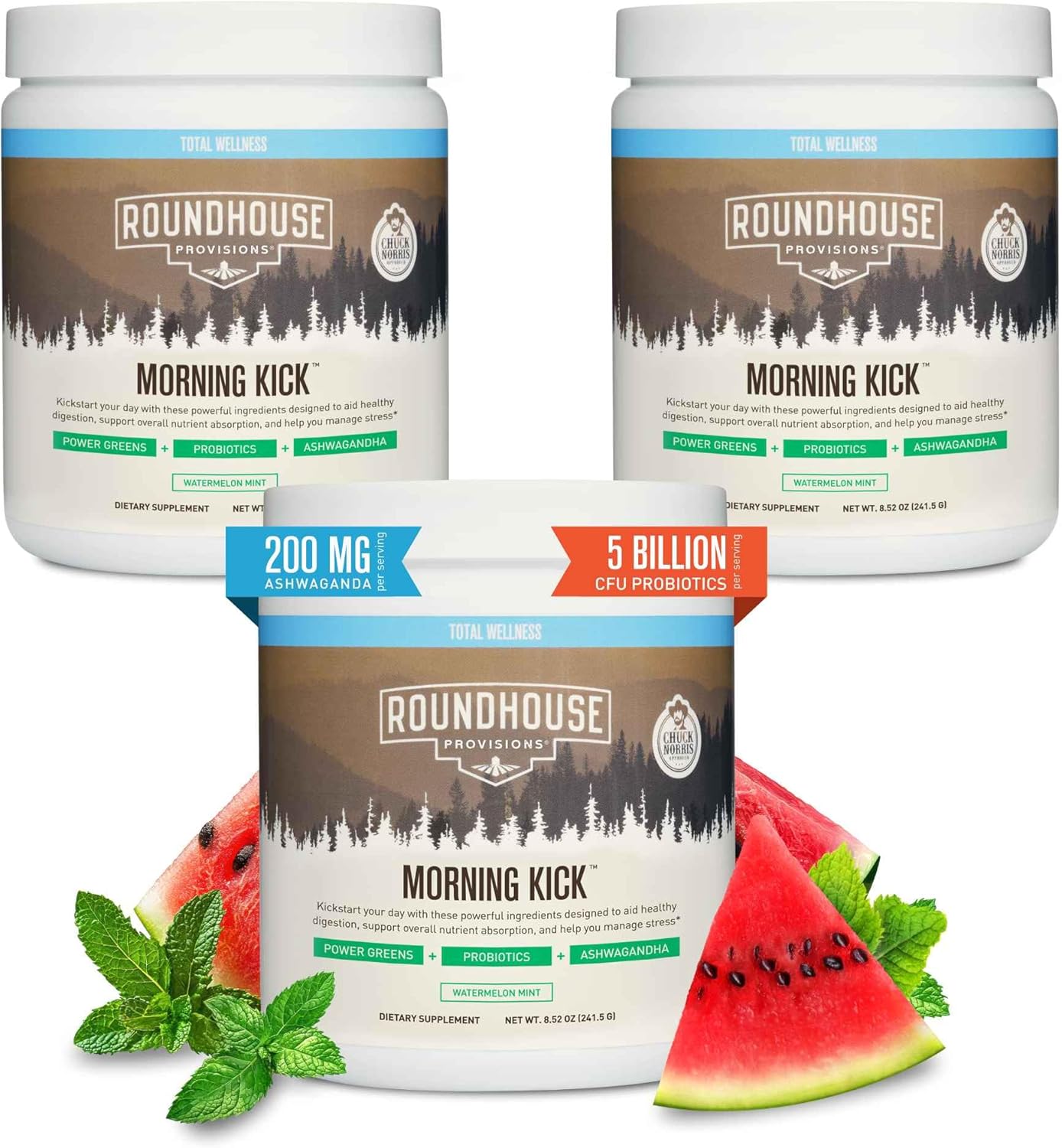 ROUNDHOUSE PROVISION Morning Kick by Chuck Norris - Watermelon Mint Flavor - Greens Superfood Powder with Probiotics, Collagen Peptides & Ashwagandha to Help Support Gut & Joint Health, 3 Pack