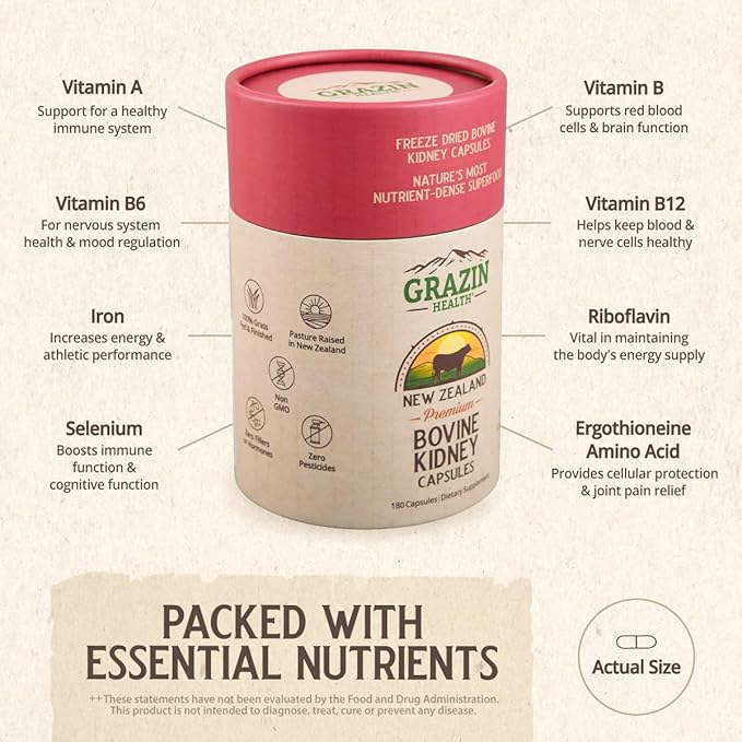 Grass Fed Bovine Kidney Capsules 3000mg | Whole Food Kidney Support Supplement from Pasture-Raised New Zealand Beef Organs | Non-GMO, Hormone-Free, Nutrient-Dense, 30 Servings