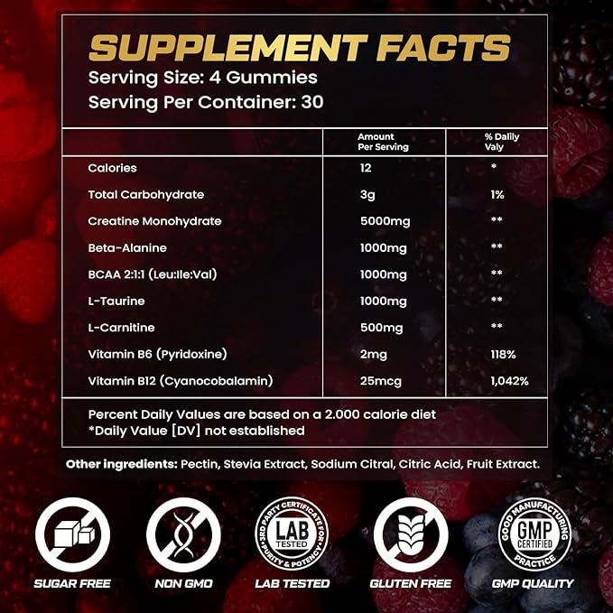 Creatine Monohydrate Gummies for Men & Women, 9000MG Creatine Gummies Sugar Free - Mixed Flavored with L-Taurine, BCAA 2:1, B12 B6 for Boost Strength, Focus & Endurance, Vegan, Non-GMO, 120pcs