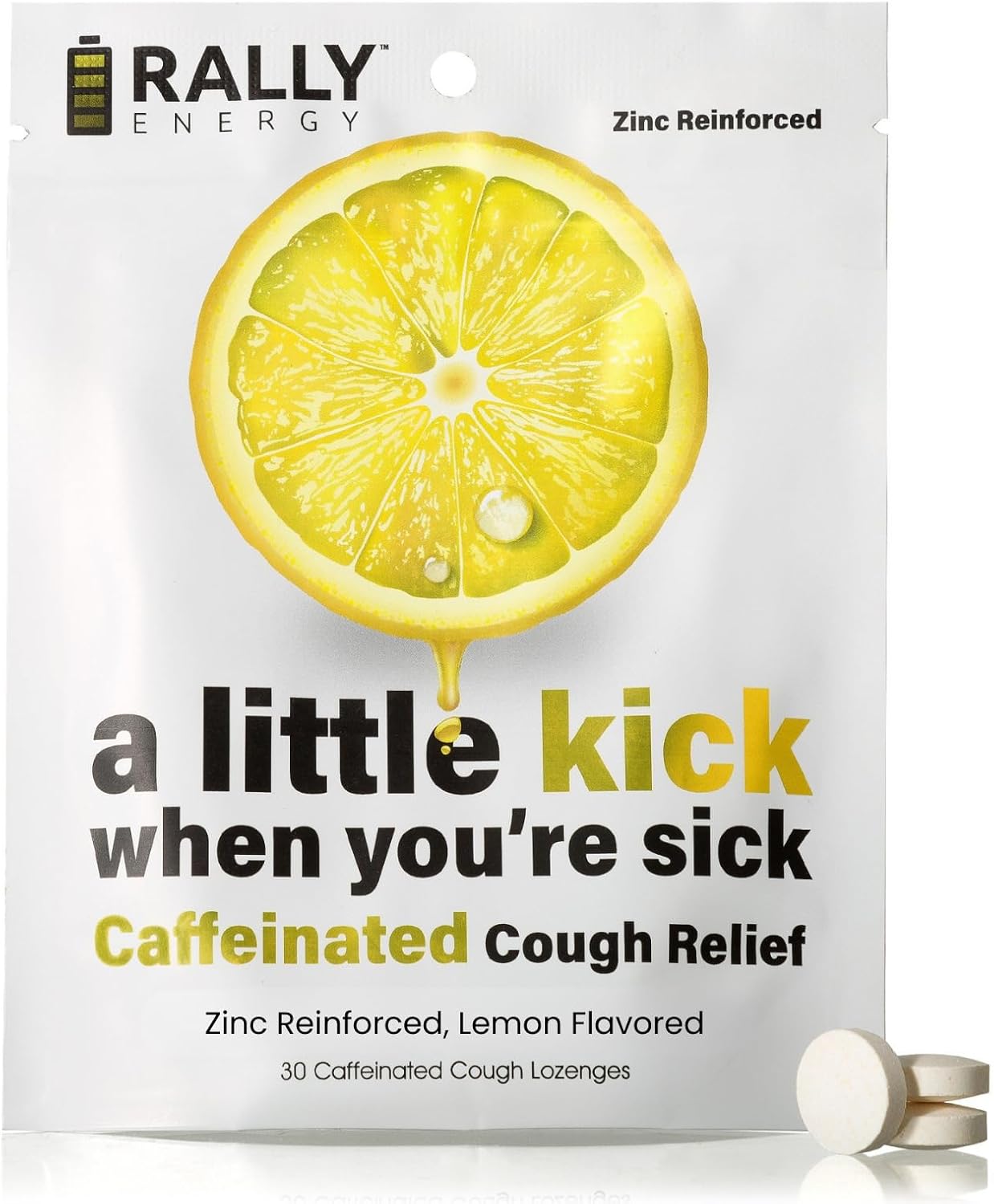 Lemon Flavor Cough Drops by Rally Energy, Cough Relief with Caffeinated Zinc Reinforced Lozenges, Boost Your Energy, Focus, and Productivity - Zero Calorie Throat Lozenges (30)