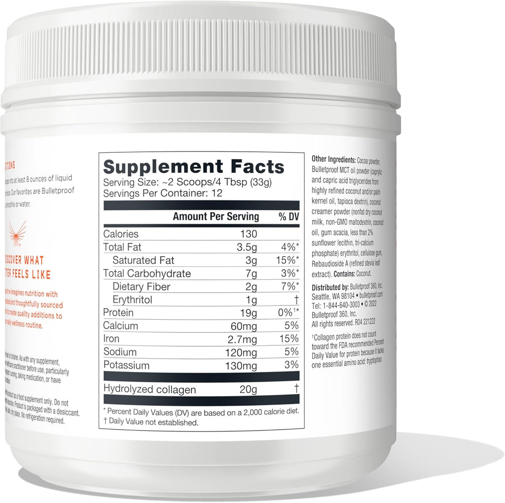 Bulletproof Chocolate Collagen Peptides Powder with MCT Oil, 14.3 Ounces, Grass-Fed Collagen Protein for Skin, Bone and Joint Support, Pasture Raised, No Added Hormones