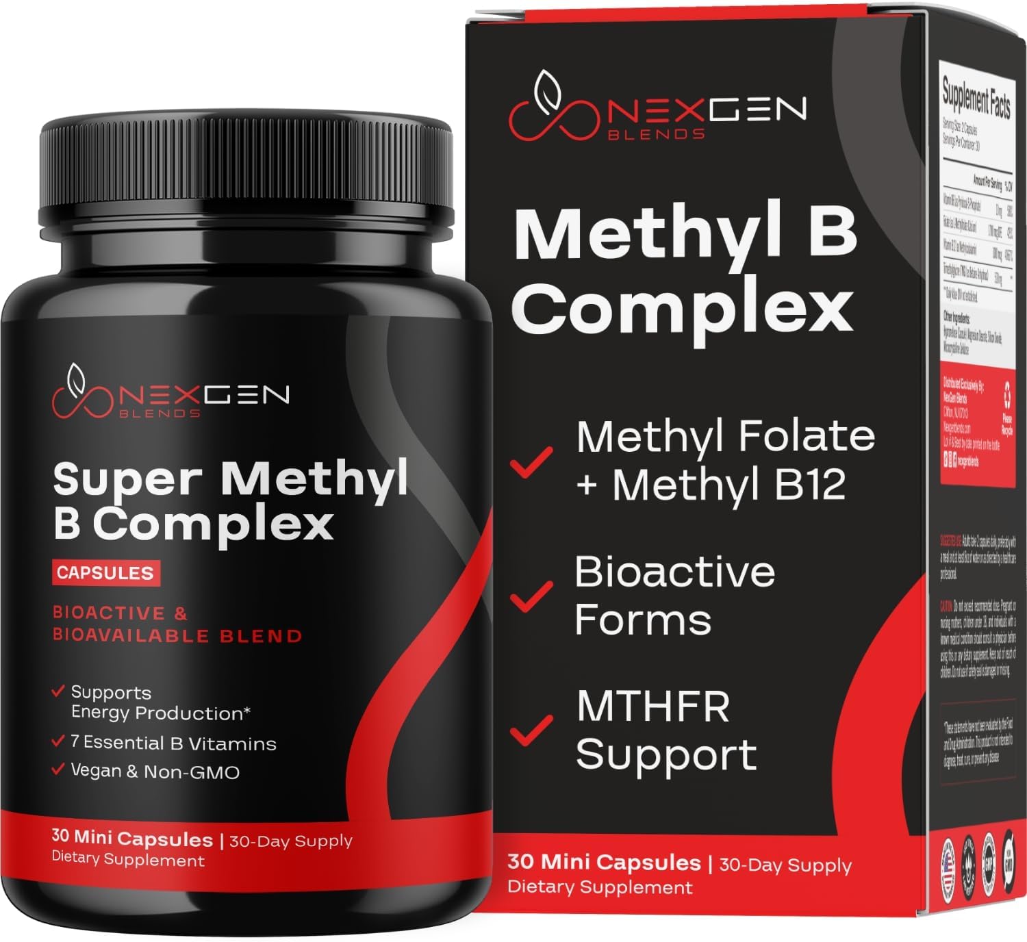Methylated B Complex Vitamin Supplement - Bioactive Methyl B Complex with 5-MTHF Methyl Folate & B12 Methylcobalamin for Brain Heart Energy & Homocysteine Support - Super Vitamin B Complex (30 count)