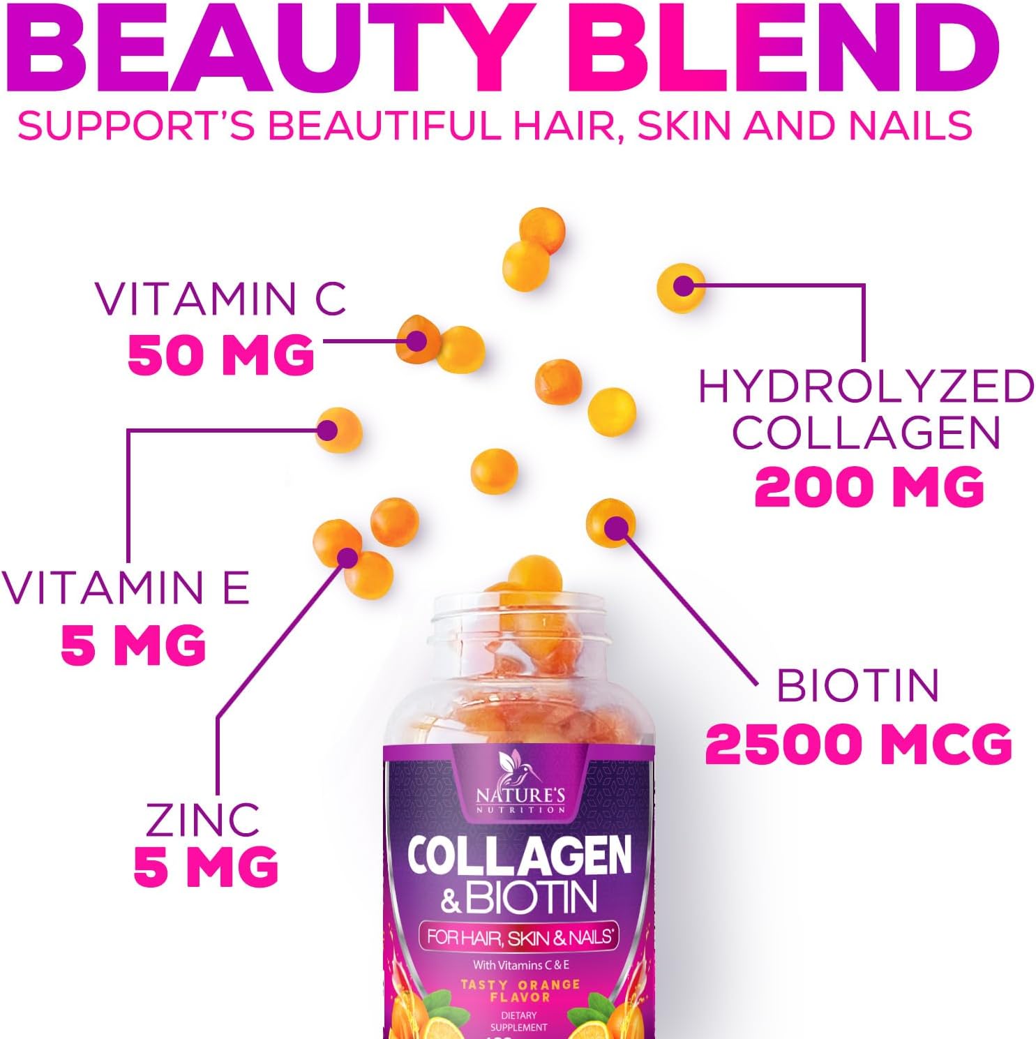 Collagen Gummies with 2500mcg Biotin, Vitamin C & Zinc - Hydrolyzed Collagen Peptide Type 1 & 3 Supplement - Advanced Hair, Skin & Nail Growth Support for Women & Men, Gluten Free, Non-GMO - 120 Count