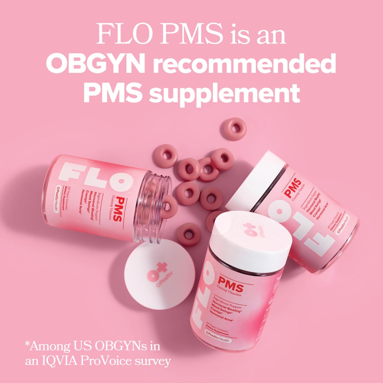 O Positiv FLO PMS Gummies for Women, 30 Servings (Pack of 3) - Proactive PMS Relief - Targets Hormonal Breakouts, Bloating, Cramps, & Mood Swings with Chasteberry, Vitamin B6, & Lemon Balm
