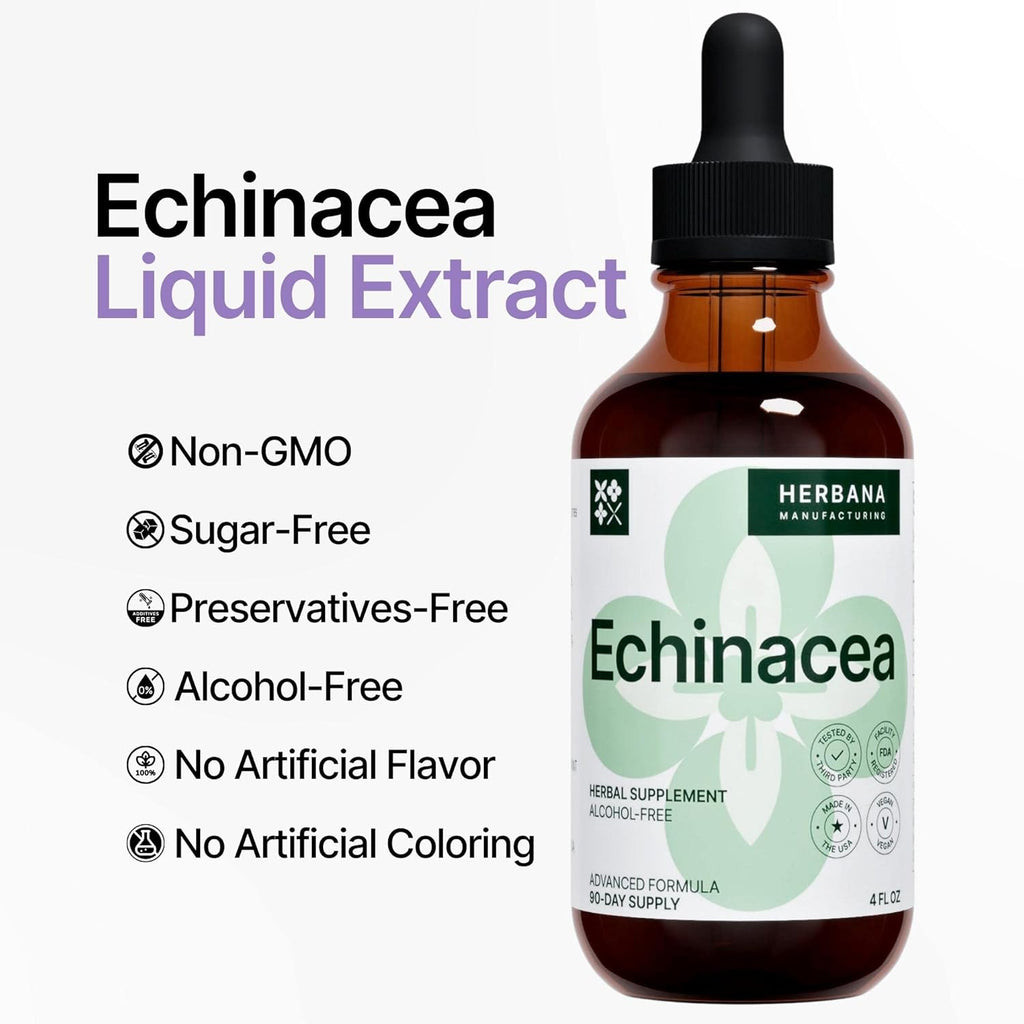 Echinacea 4 fl oz Liquid Extract - Organic Root, Leaf, Flower, Seed - Natural Herbal Supplement - Body, Immune System Support Tincture - High Potency Drops - 90-Day Supply - Family Size