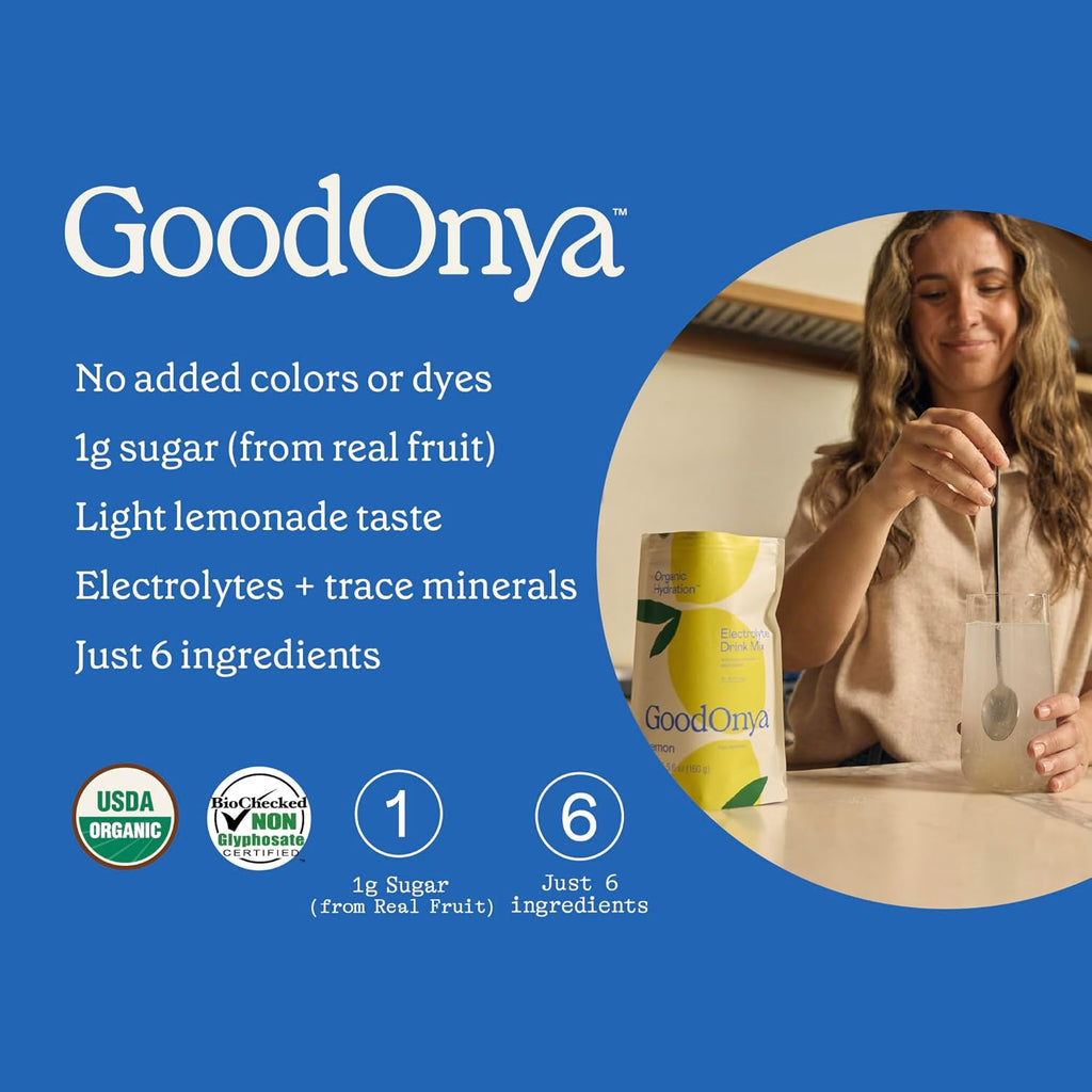 Organic Hydration Electrolyte Drink Mix, Certified Organic Hydration Powder, Non-GMO, Biochecked Glyphosate Free, Low Sugar, Lemonade Flavor, No Artificial Flavors, 20 Servings