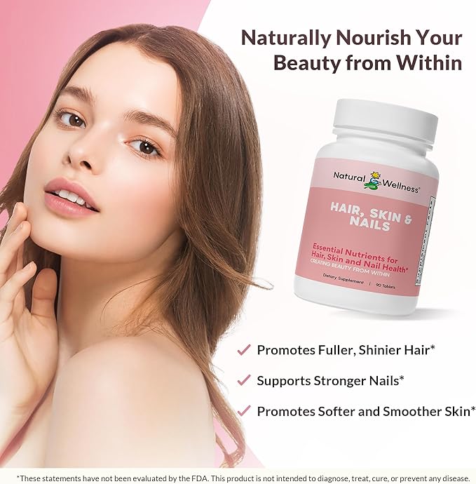 Natural Wellness Hair, Skin & Nails Supplement – Biotin Hair Growth Vitamins, Essential Minerals & Antioxidants – Supports Healthy Hair Growth, Strong Nails & Glowing Skin – 90 Tablets, 1 Month Supply