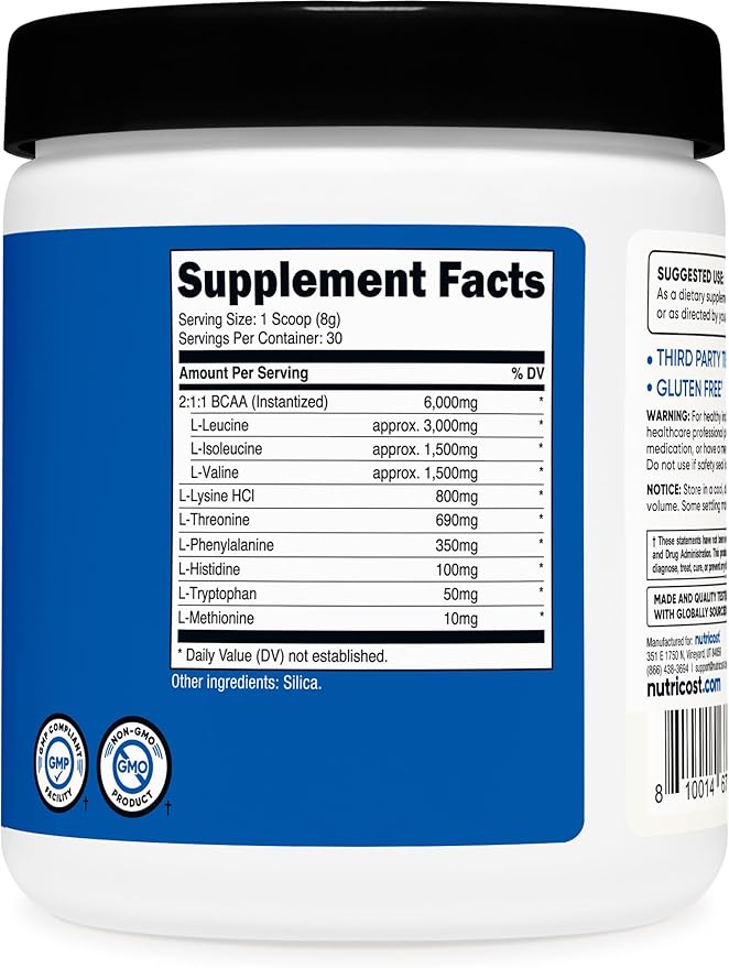 Nutricost EAA Powder 30 Servings (Unflavored) - Essential Amino Acids - Non-GMO, Gluten Free, Vegetarian Friendly