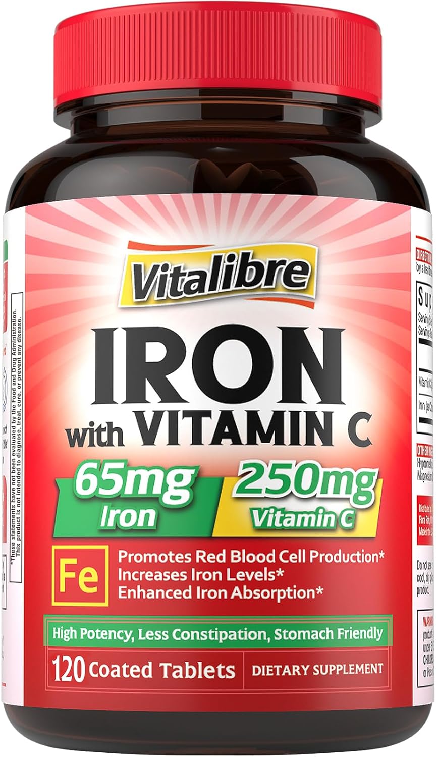 Iron Supplement 65mg with Vitamin C, Stomach Friendly Carbonyl Iron, High Potency & Absorption, for Healthy Iron & Energy Levels, Supports Red Blood Cell Production, 120 Tablets