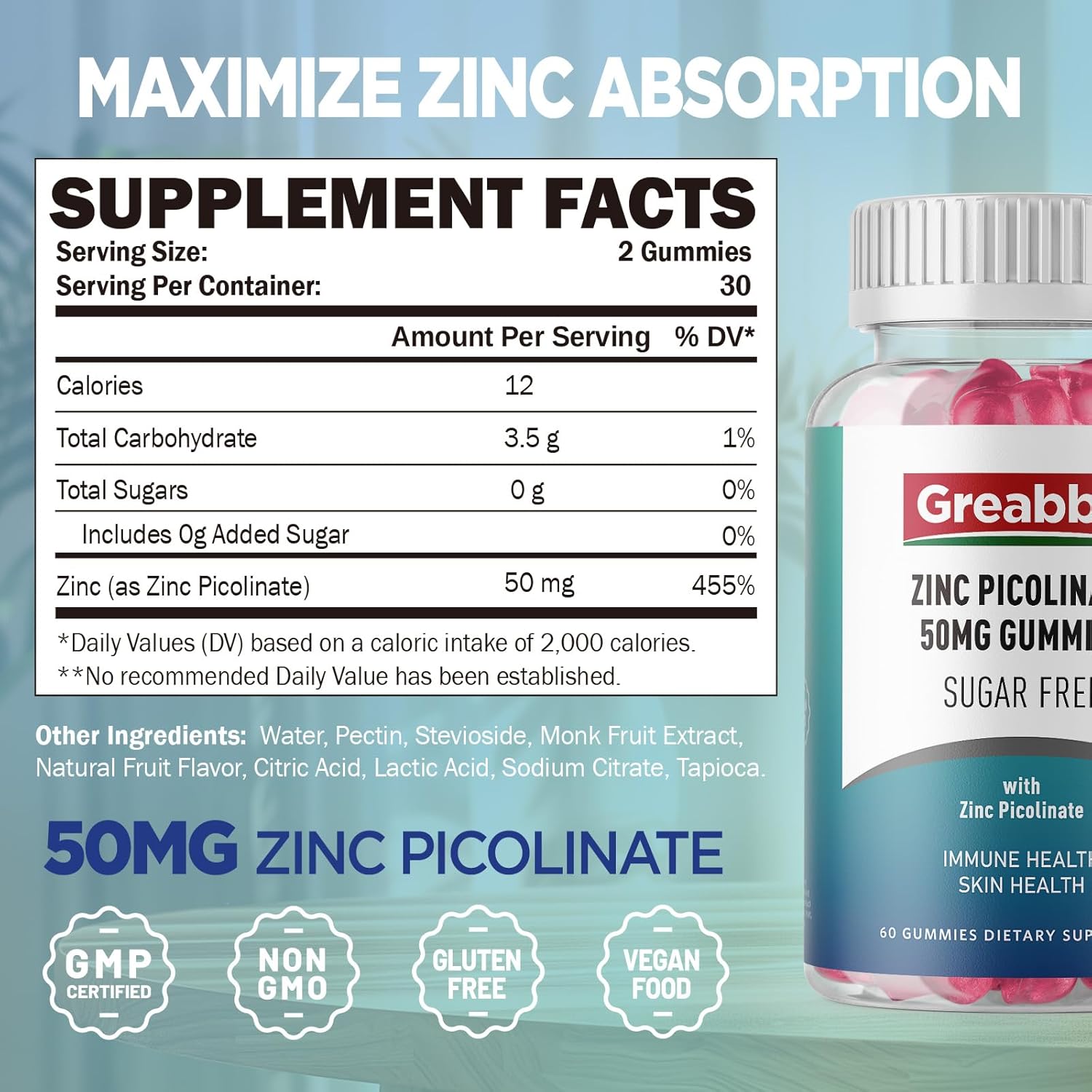 Zinc Gummies - Zinc Picolinate 50mg, Sugar Free, Highly Absorbable Zinc Picolinate Supplement for Kids & Adults, Support Growth, Immune Function, Skin Health, 60 Gummies